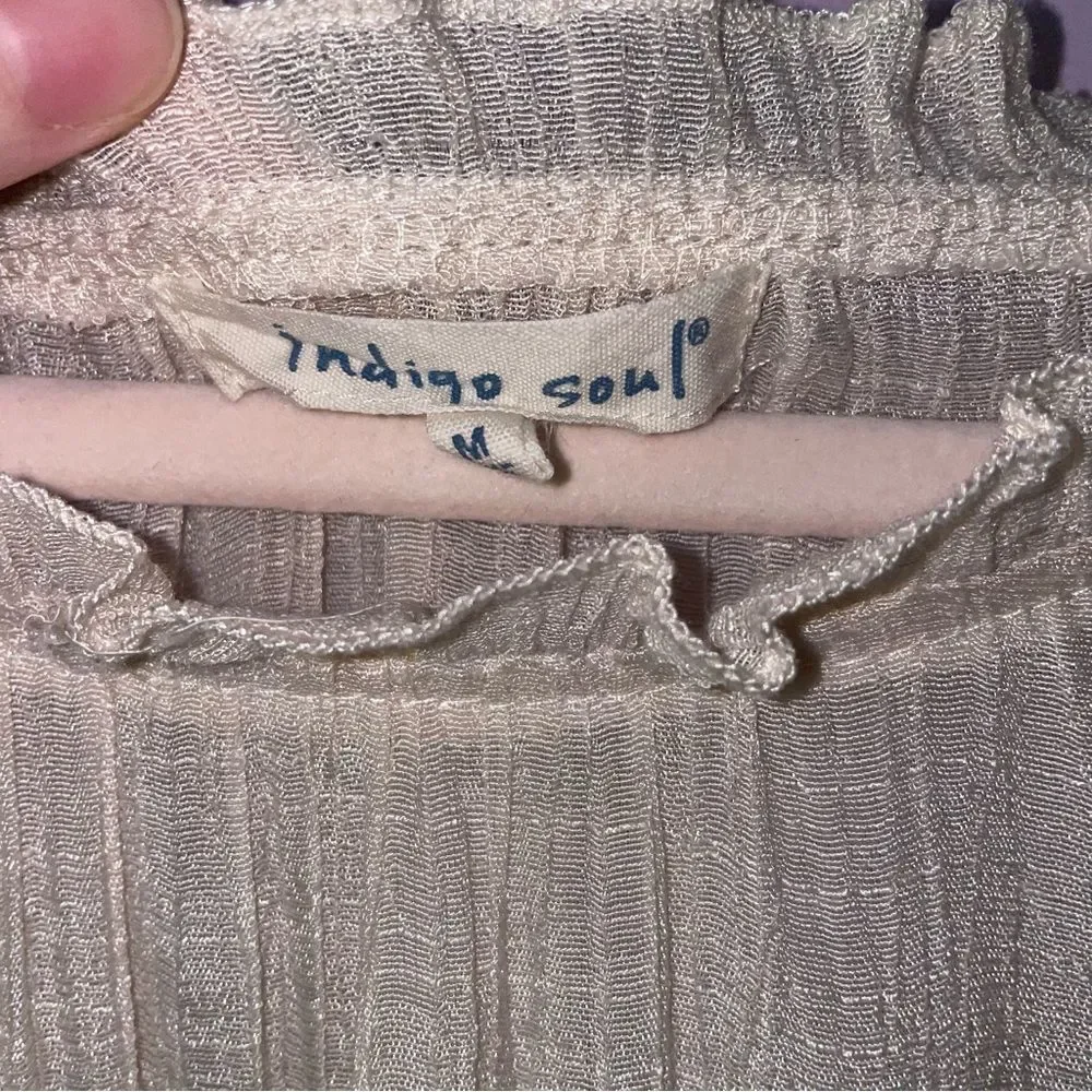 Indigo Soul M Blouse Tiered Gauzy High Neck Flounce Tan Cream